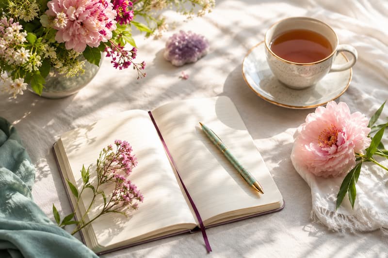 Pretty table with tea, flowers, journal & pen