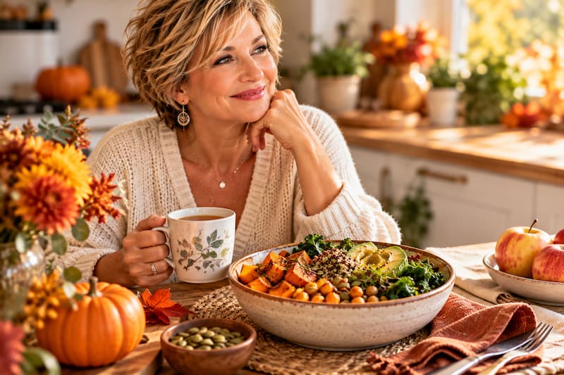 Woman with warm fall foods in the kitchen
